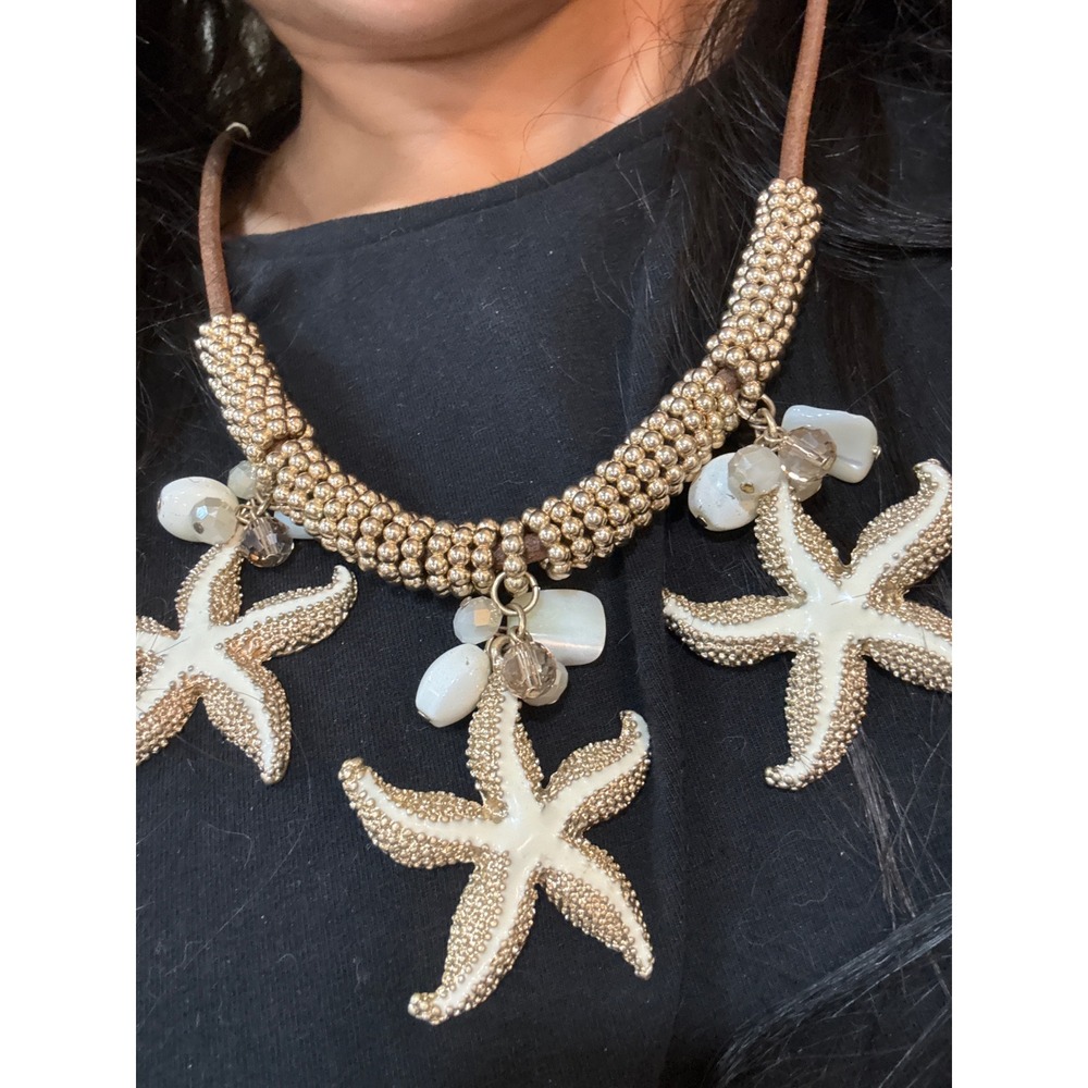 2-Starfish Necklace Women OS Gold Cream Excellent Beachy Coastal Leather